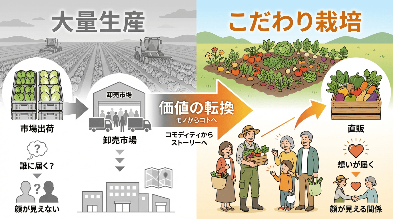 大量生産vs想いを届ける直販の比較図