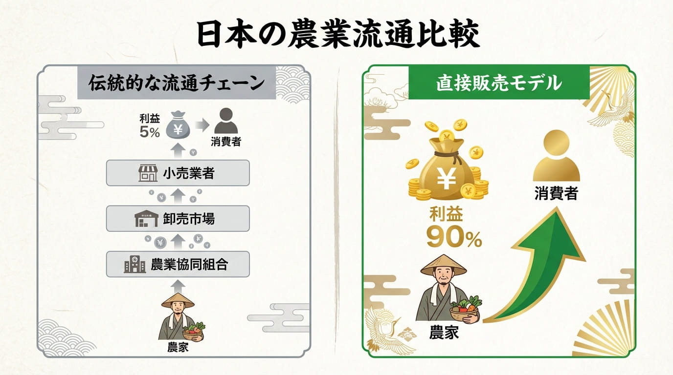 従来の流通と直販の利益を比較するインフォグラフィック