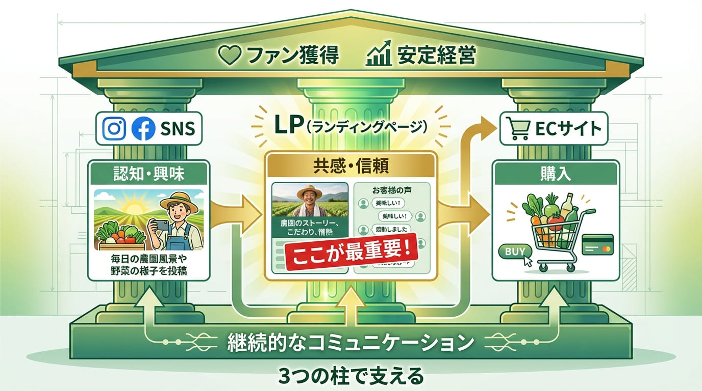 SNS・LP・ECの3本柱構造図