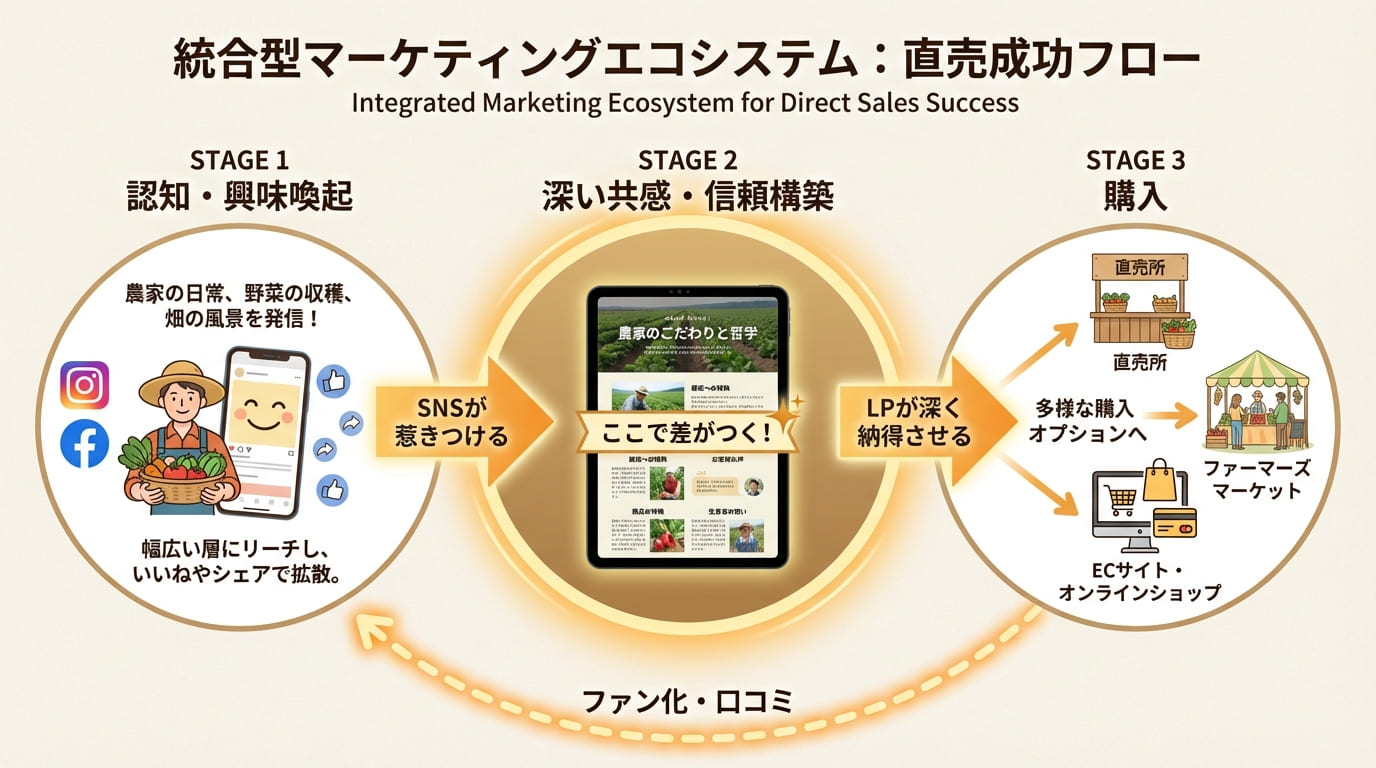 SNS→LP→直売の成功フロー図