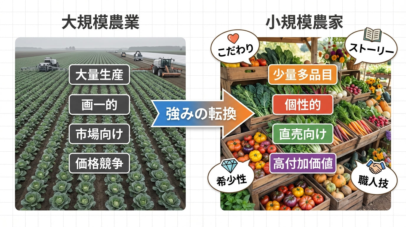 大規模vs小規模農業の強み比較図