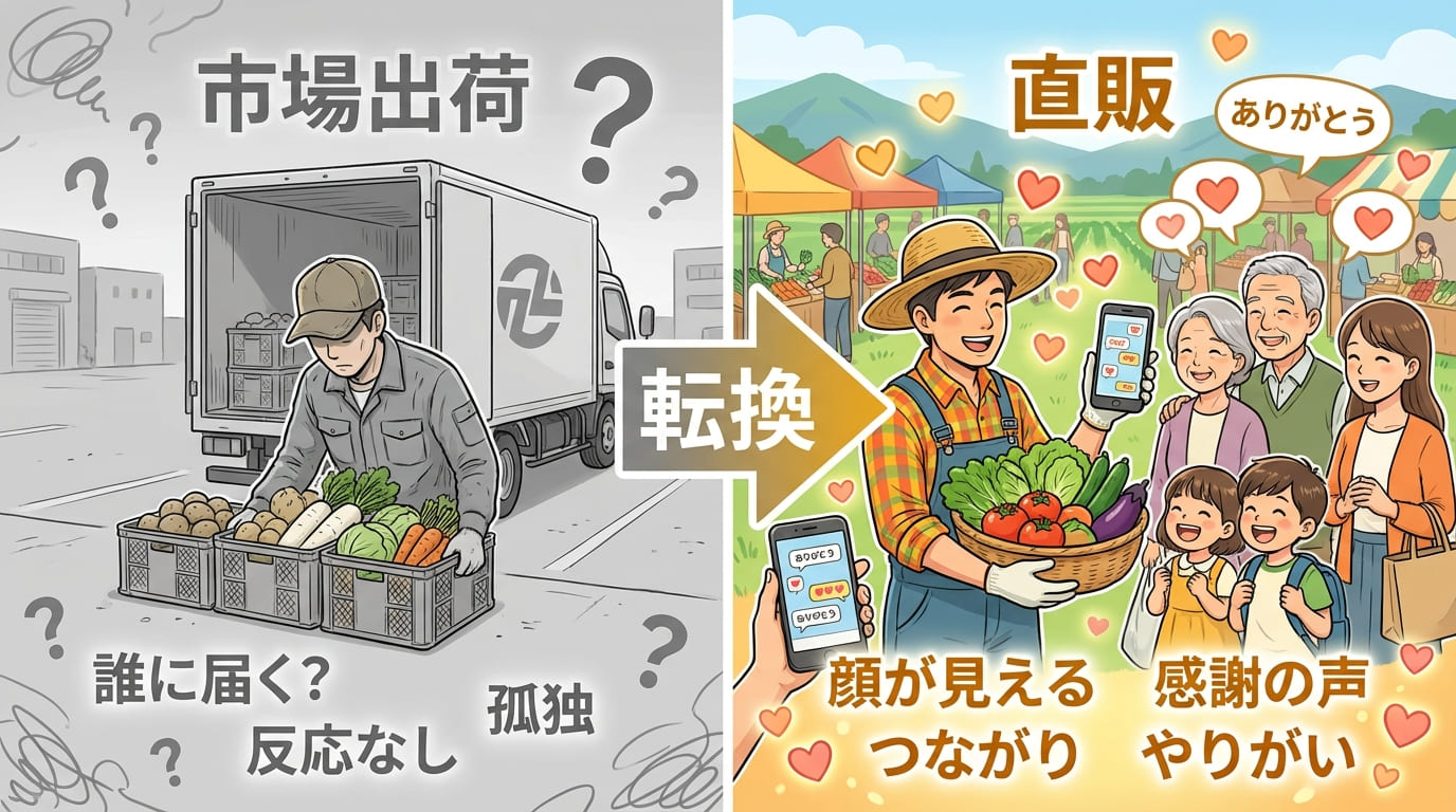 市場出荷vs直販の感情的な違い比較図
