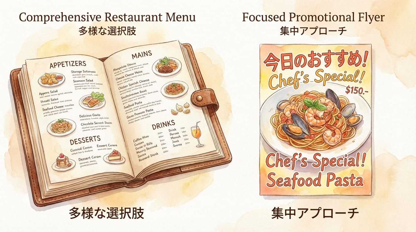 レストランのメニューとチラシの対比イラスト