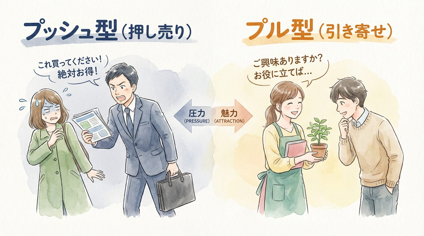 プッシュ型(押し売り)とプル型(引き寄せ)の対比