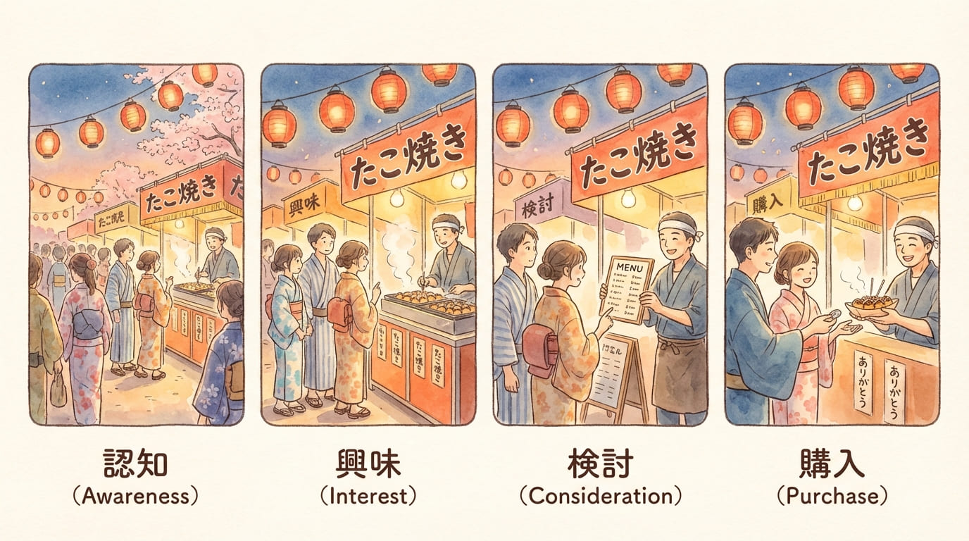 お祭りの屋台でのセールスファネル例