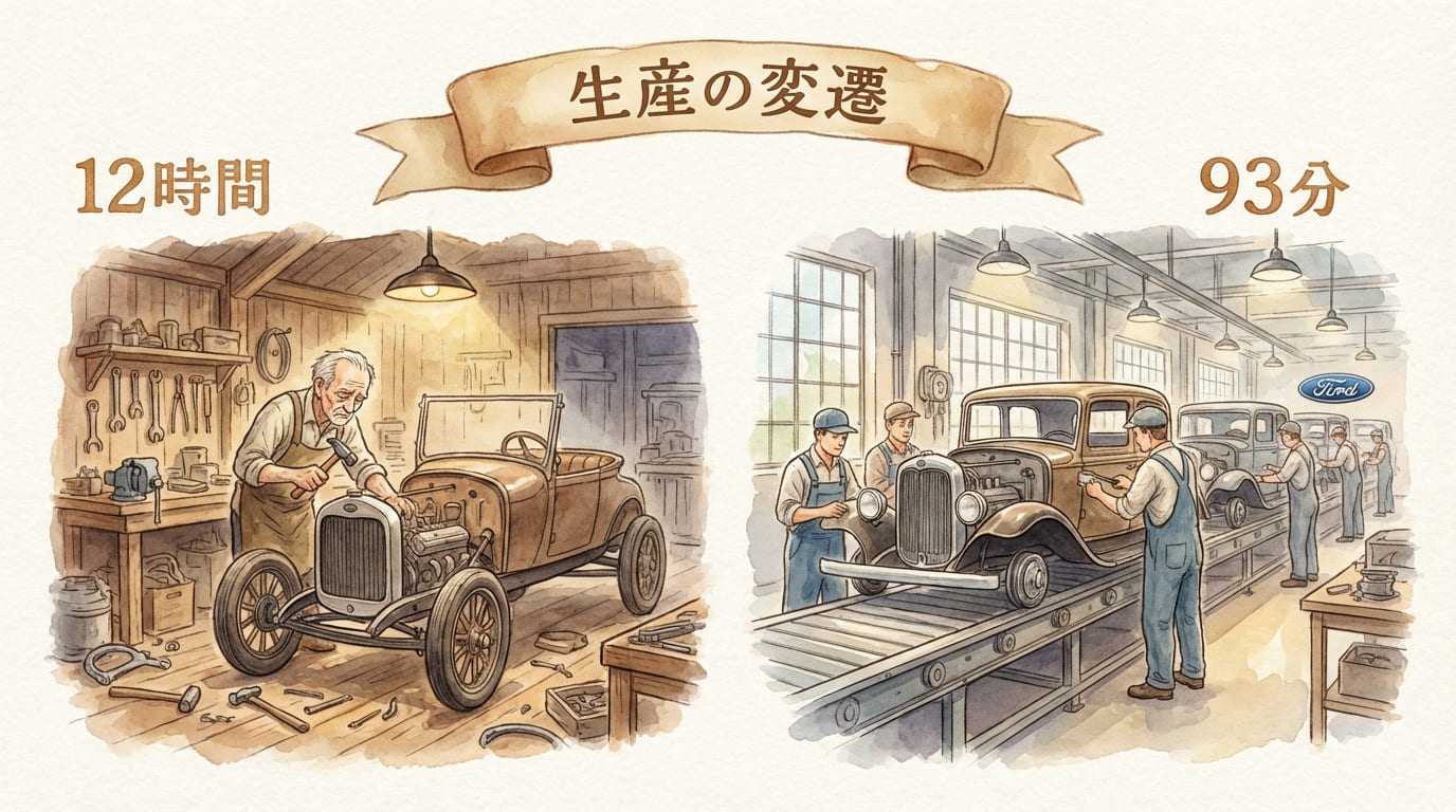 従来の職人作業と流れ作業の対比
